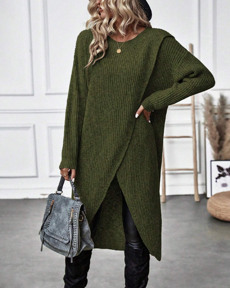 Women's Long Sleeve Sweater Dress with Crossover Split Hem | Ribbed Knit, Round Neck, Knee Length | Sizes S-XL, 4 Colors