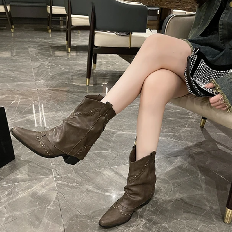Women's Studded Western Boots with Metal Rivets | Medium Heel Cowgirl Style for Fall Nights | Size 5.5-9.5, 3 Colors
