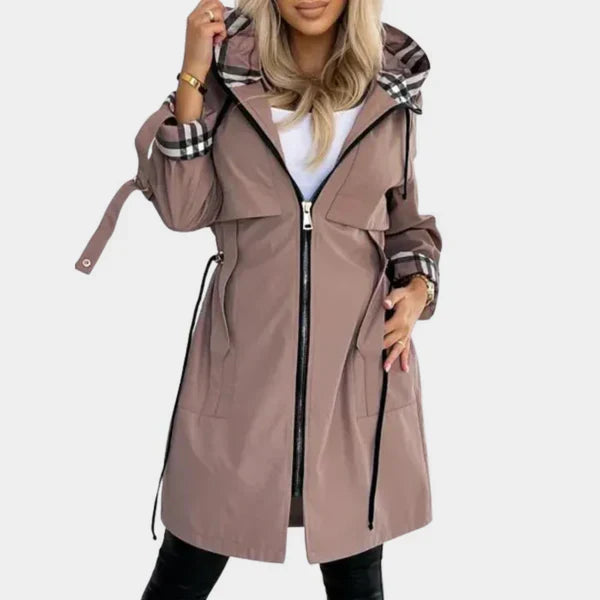 Women's Lightweight Hooded Trench Coat with Belted Waist | Weather-Resistant, Zip Front, Deep Pockets | Size S-3XL