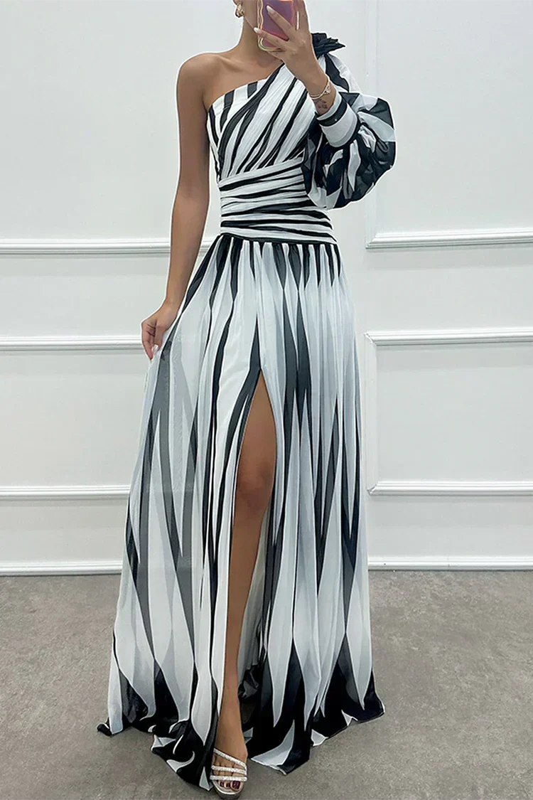 Women's Striped One Shoulder Maxi Dress | Pleated Skirt with a Front Slit and Fitted Waist | Size S-XL, 4 Colors