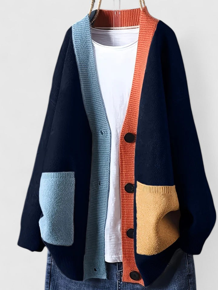Women's Oversized Cardigan with Contrast Trim and Patch Pockets | Lightweight Button-Up Sweater | Size XL-6XL