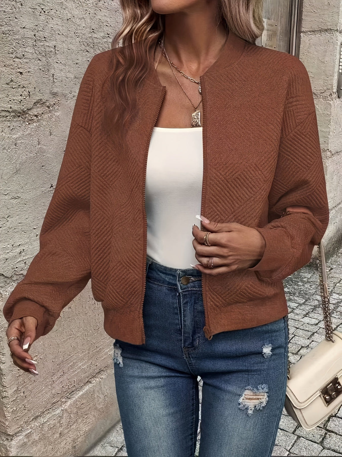 Women's Lightweight Zip-Up Jacket with Stand Collar | Waist Length, Stretch Polyester, Wrinkle Resistant | Size S-2XL