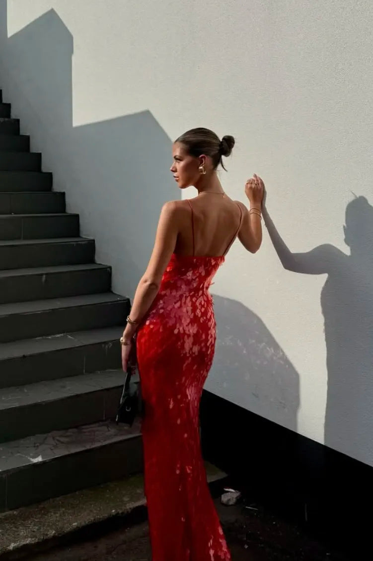 Women's Red Sequin Evening Dress with an Open Back | Light Fabric in a Fitted, Fluid Line | Size S-L