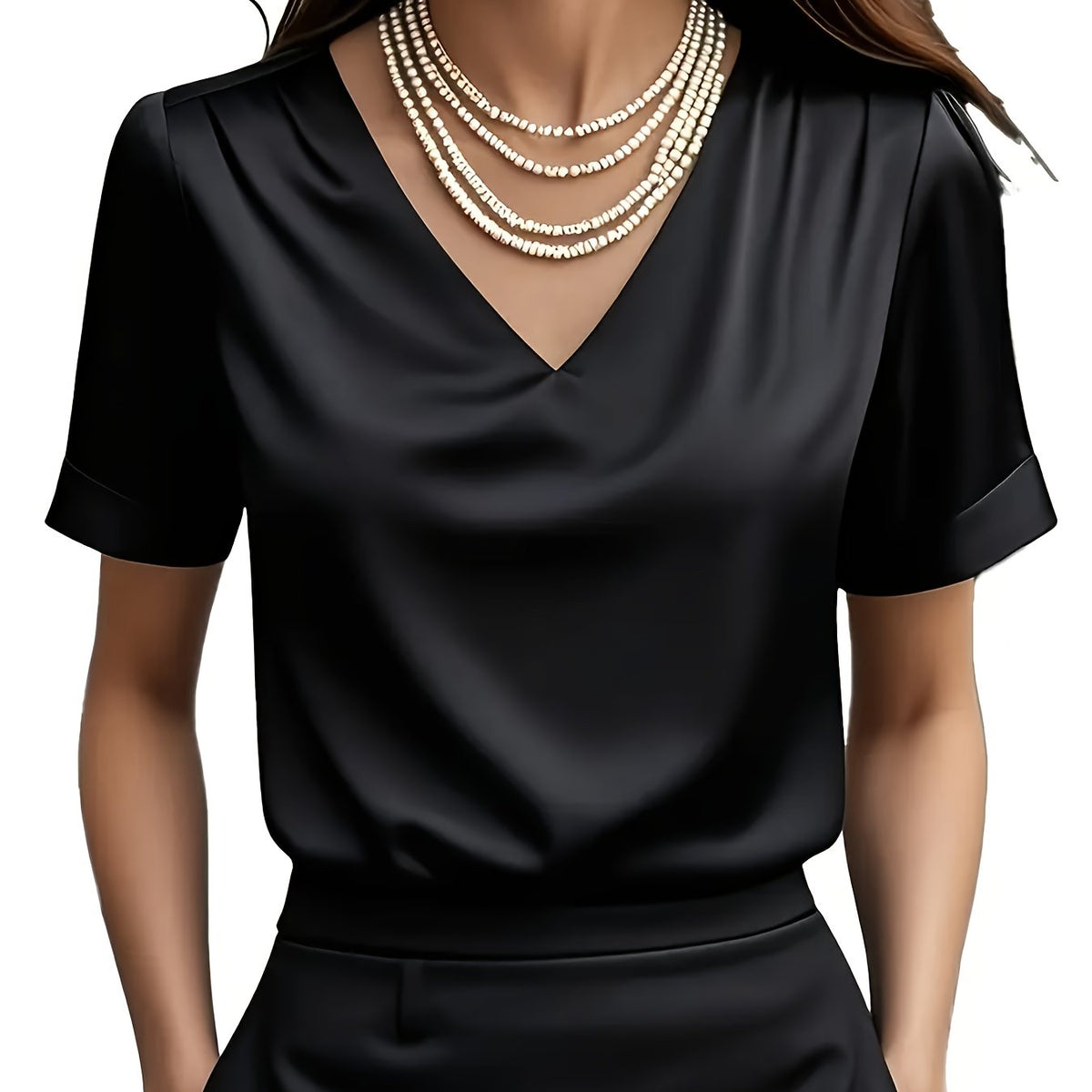 Women's Satin Blouse with V Neck and Short Sleeves | Relaxed Drape, Smooth Seams | Sizes XS to 3XL, 4 Colors