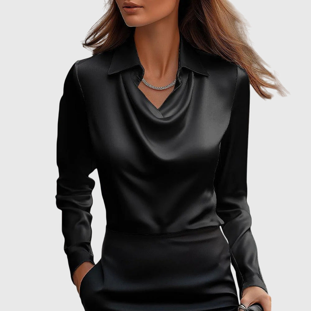 Women's Draped Blouse with Pleated Neckline and Subtle Shine | Flowy Dressy Top, Relaxed Fit | Size XS-3XL