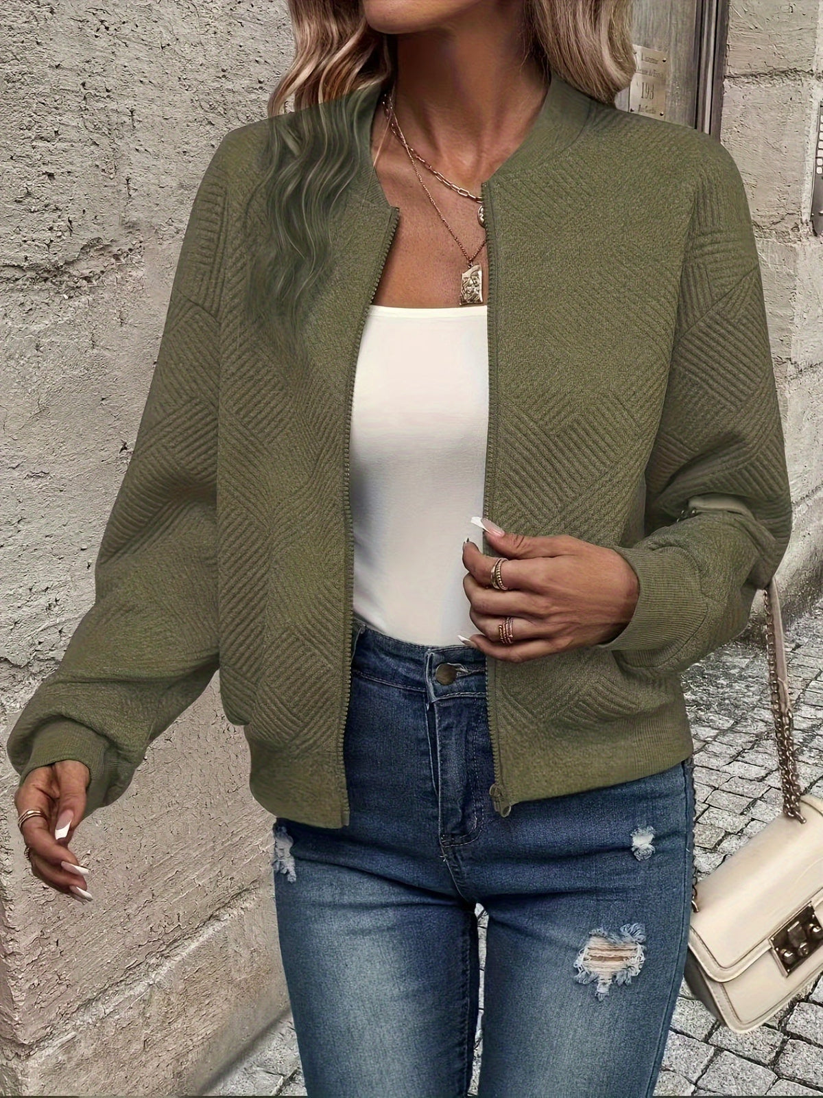 Women's Lightweight Zip-Up Jacket with Stand Collar | Waist Length, Stretch Polyester, Wrinkle Resistant | Size S-2XL