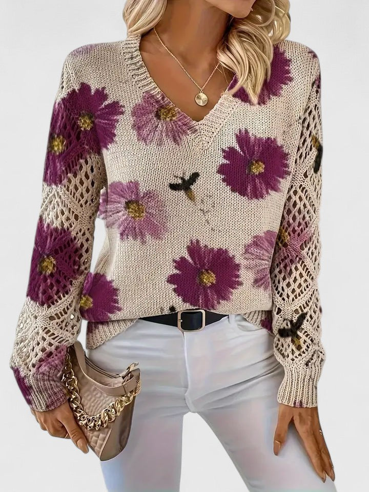 Women's Floral Knit Cardigan with V-Neck and Open Lattice Sleeves | Hip-Length Layering Sweater | Size S-2XL
