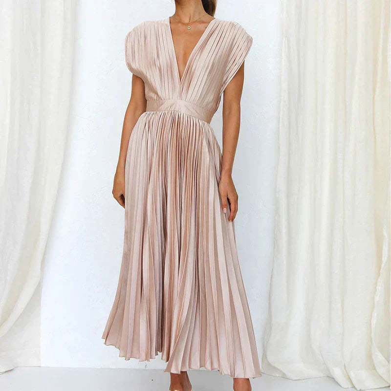 Pleated Midi Dress with Deep V-Neckline