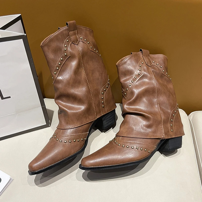 Women's Studded Western Boots with Metal Rivets | Medium Heel Cowgirl Style for Fall Nights | Size 5.5-9.5, 3 Colors