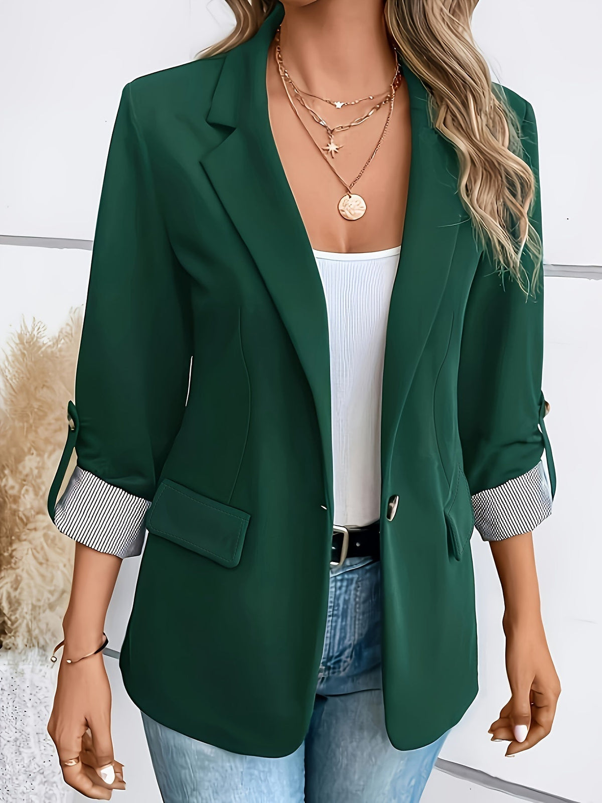 Women's Single Button Blazer with Roll-Up 3/4 Sleeves | Lined, Lightweight Polyester, Straight H-Line Fit | Size S-2XL