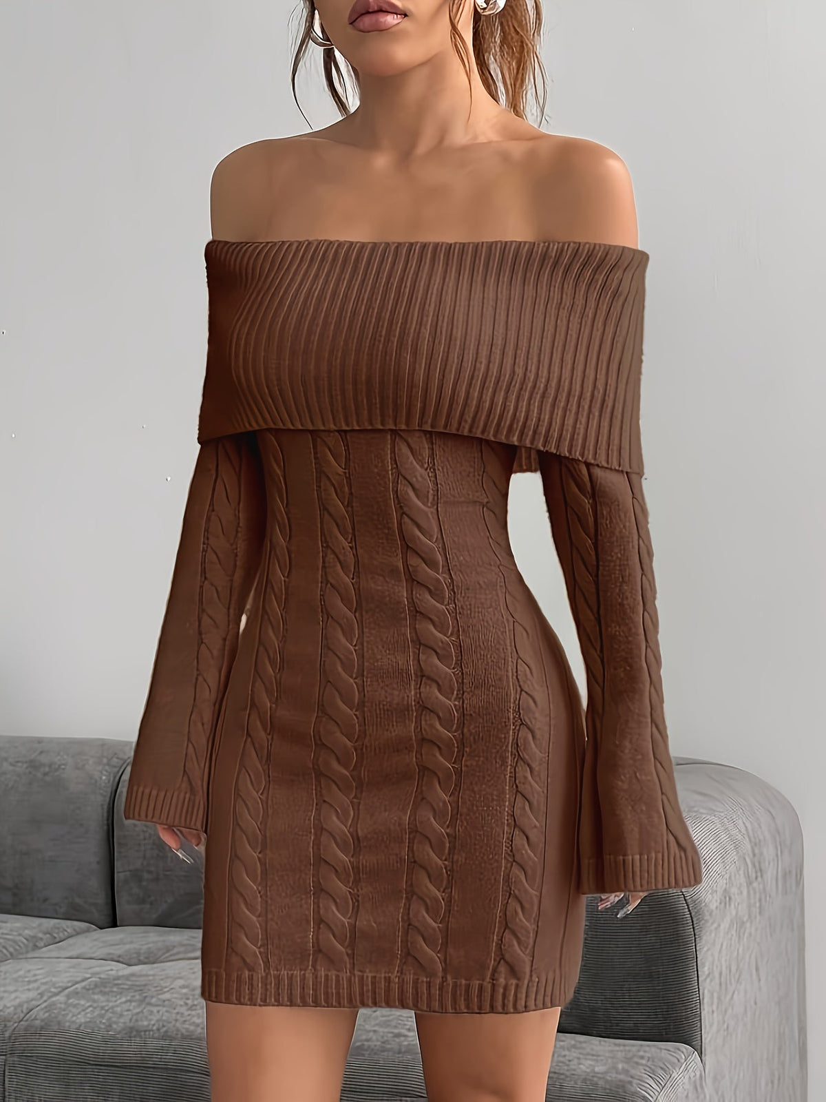 Women's Off Shoulder Knit Dress in Cable Texture | Foldover Collar and Flared Sleeves | Sizes S-2XL, 5 Colors