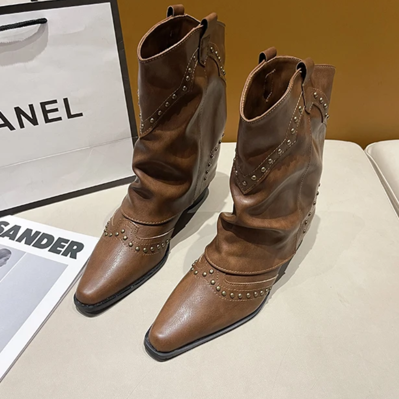 Women's Studded Western Boots with Metal Rivets | Medium Heel Cowgirl Style for Fall Nights | Size 5.5-9.5, 3 Colors