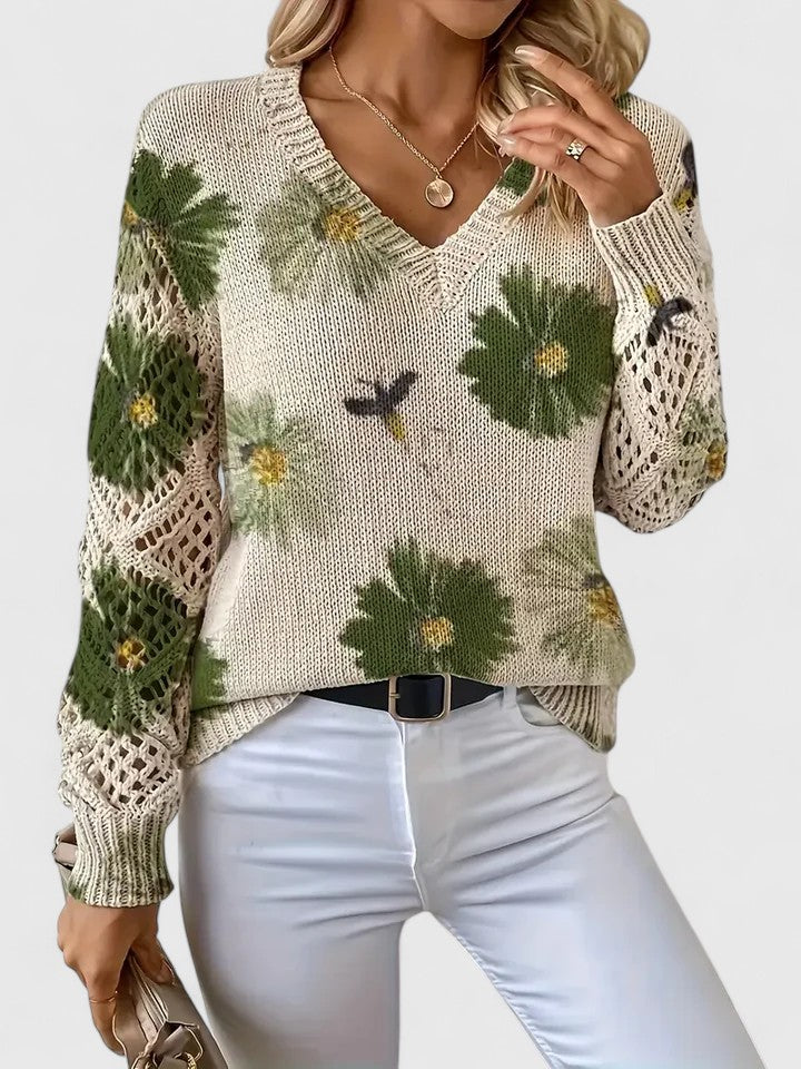 Women's Floral Knit Cardigan with V-Neck and Open Lattice Sleeves | Hip-Length Layering Sweater | Size S-2XL
