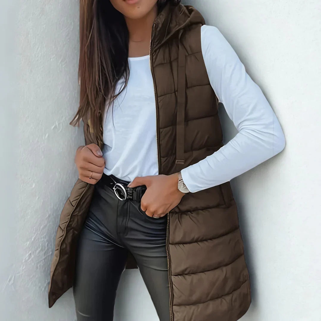 Women's Long Hooded Puffer Vest for Layering | Lightweight Sleeveless Design Weighing 495 g, Easy Care | Size S-5XL