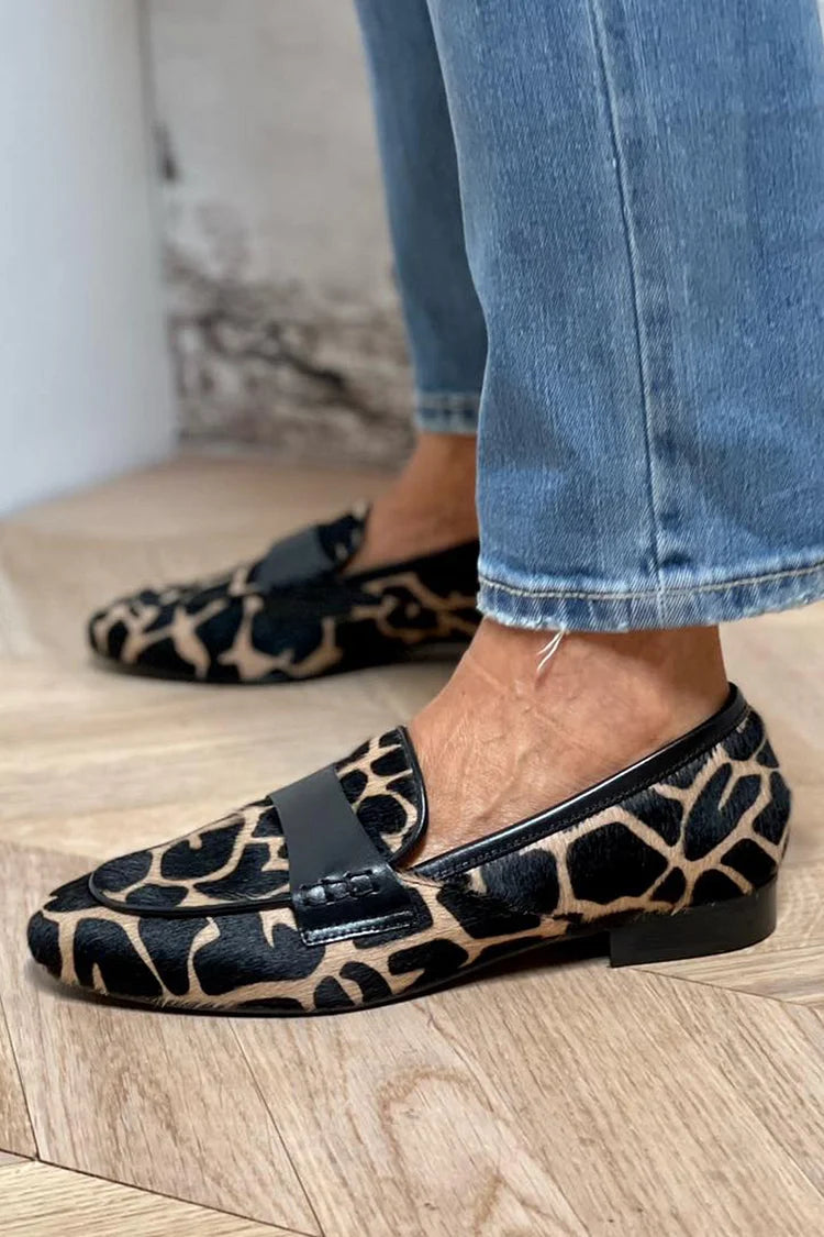 Women's Black Slip On Loafers with Cow Print | Grippy Sole and a Soft Closed Toe Fit for All Day Wear | Size 5.5-8