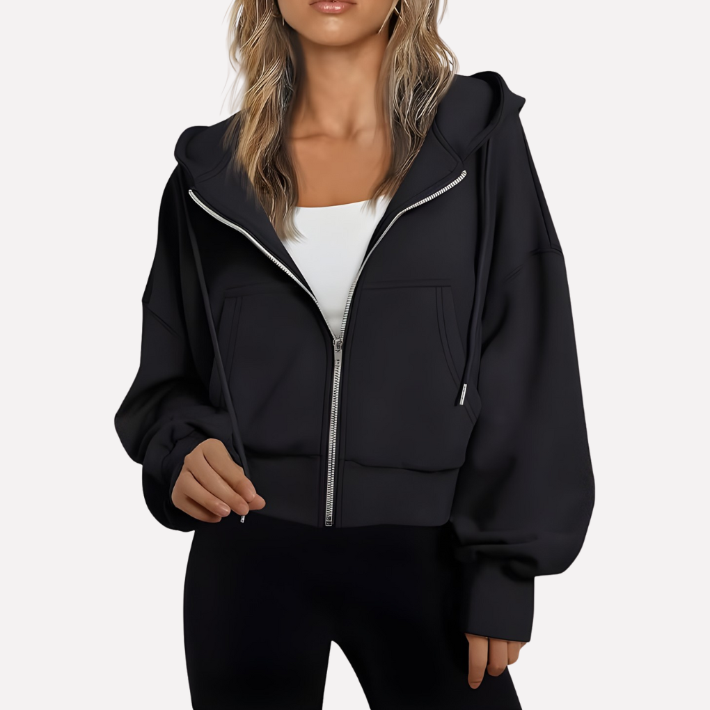 Women's Cropped Zip Up Hoodie with Adjustable Drawstring | Relaxed Sleeves, Printed Accents, Soft Interior | Size S-2XL