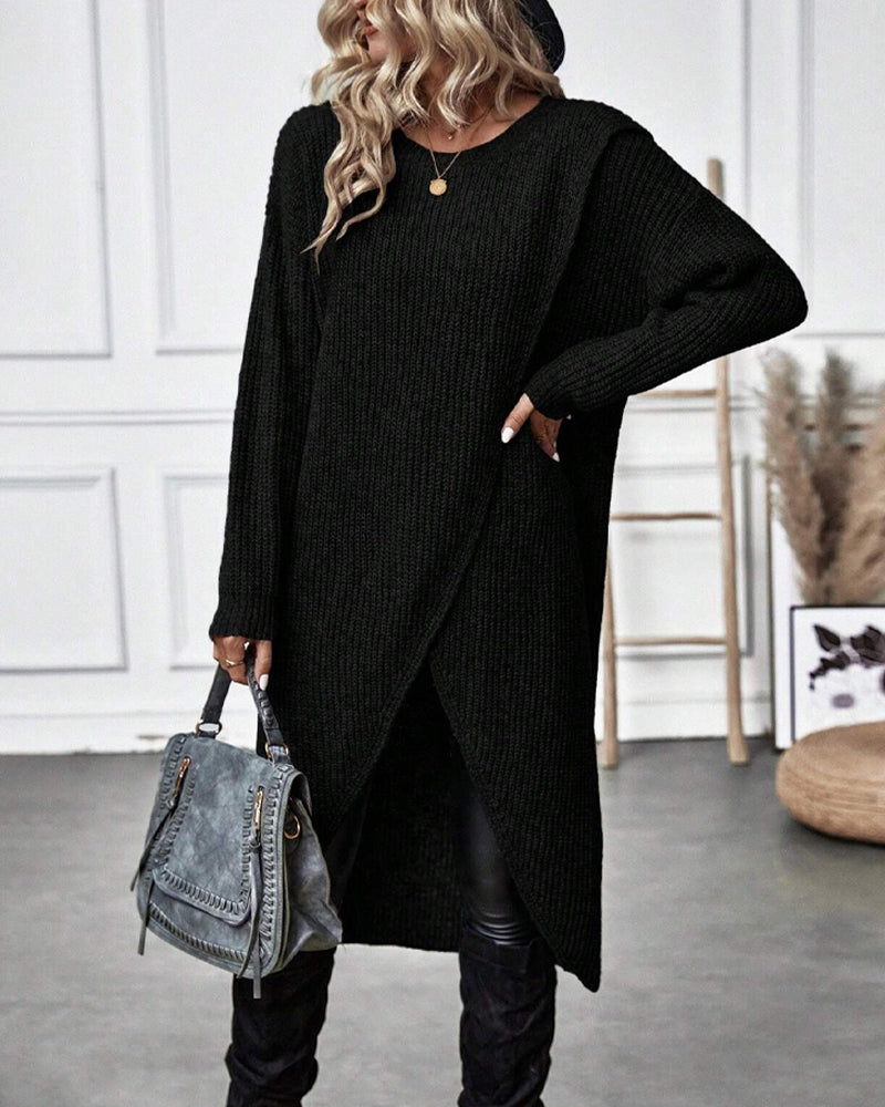 Women's Long Sleeve Sweater Dress with Crossover Split Hem | Ribbed Knit, Round Neck, Knee Length | Sizes S-XL, 4 Colors