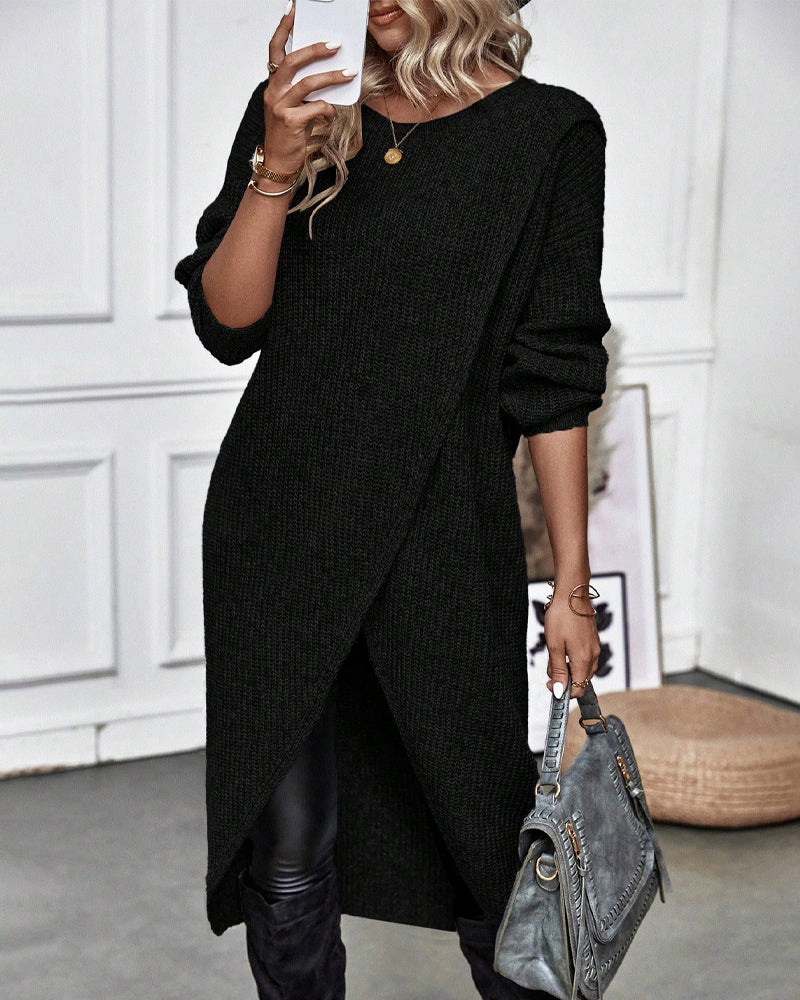 Women's Long Sleeve Sweater Dress with Crossover Split Hem | Ribbed Knit, Round Neck, Knee Length | Sizes S-XL, 4 Colors