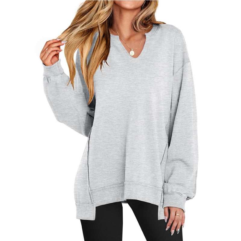 Women's Oversized Tunic Length Sweatshirt | V Neck with Dropped Shoulders and Ribbed Cuffs | Size S-2XL, 3 Colors