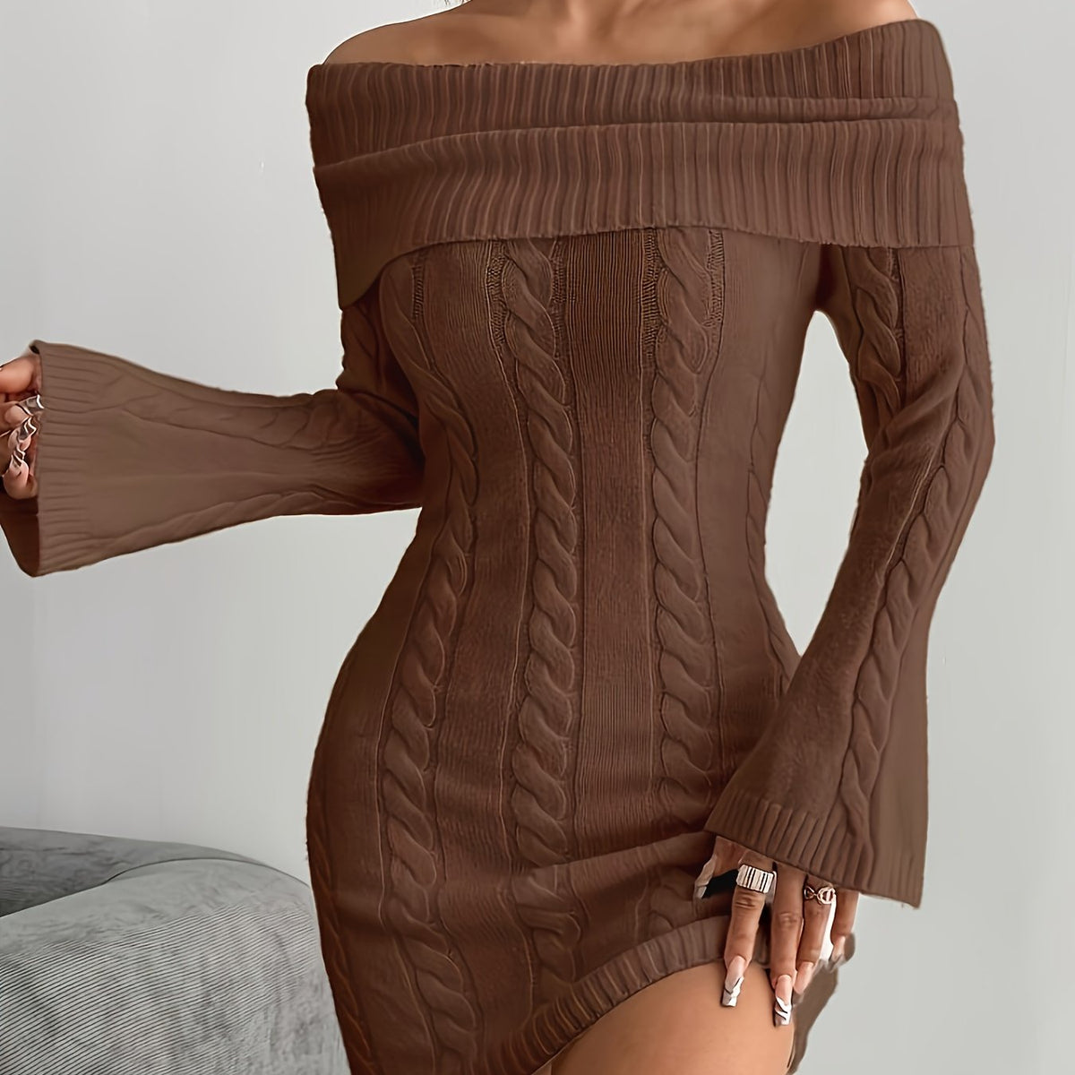 Women's Off Shoulder Knit Dress in Cable Texture | Foldover Collar and Flared Sleeves | Sizes S-2XL, 5 Colors