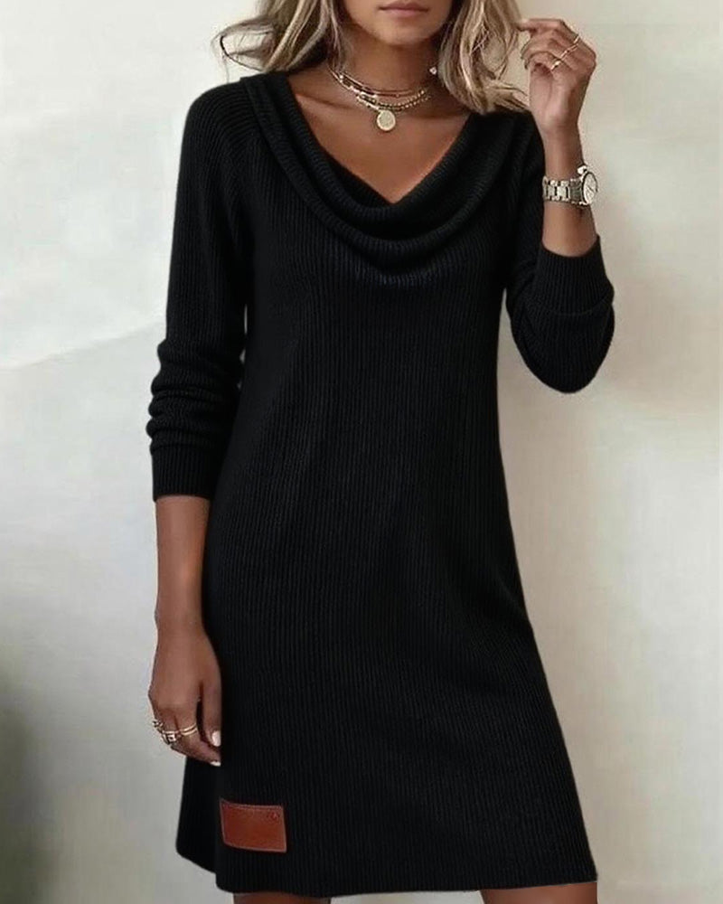 Women's Ribbed Sweater Dress with Draped Cowl Neck | Long Sleeves, Straight Cut, Above the Knee | Sizes S-2XL, 3 Colors