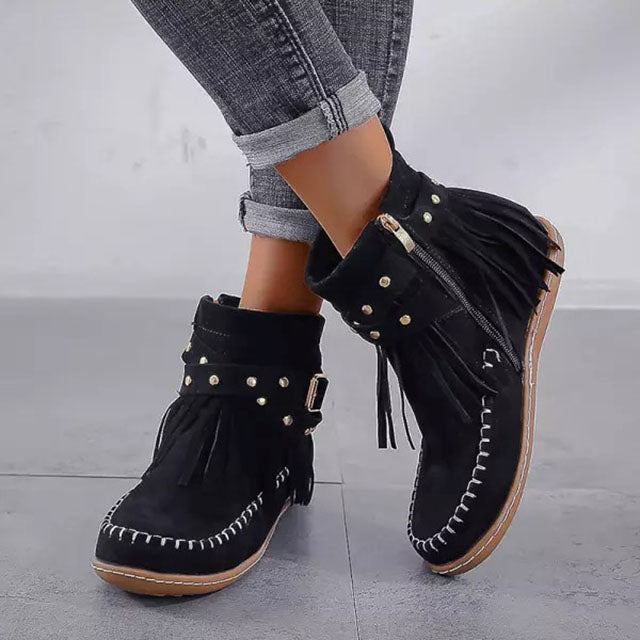 Women's Fringe Ankle Boots with Warm Lining | Flat Moccasin Style Booties with Side Zip and Buckle Strap | Size 4-12