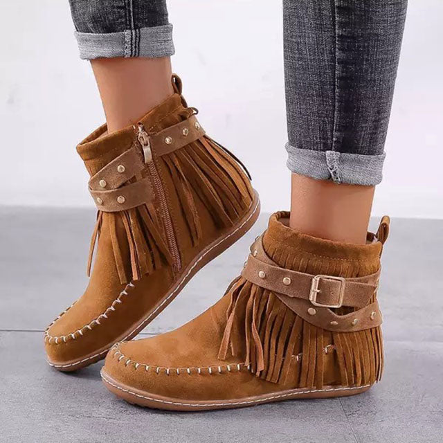 Women's Fringe Ankle Boots with Warm Lining | Flat Moccasin Style Booties with Side Zip and Buckle Strap | Size 4-12