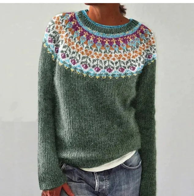 Women's Nordic Stripe Knit Pullover Sweater | Colorful Yoke Banding, Boat Neckline, Relaxed Fit | Sizes S-5XL