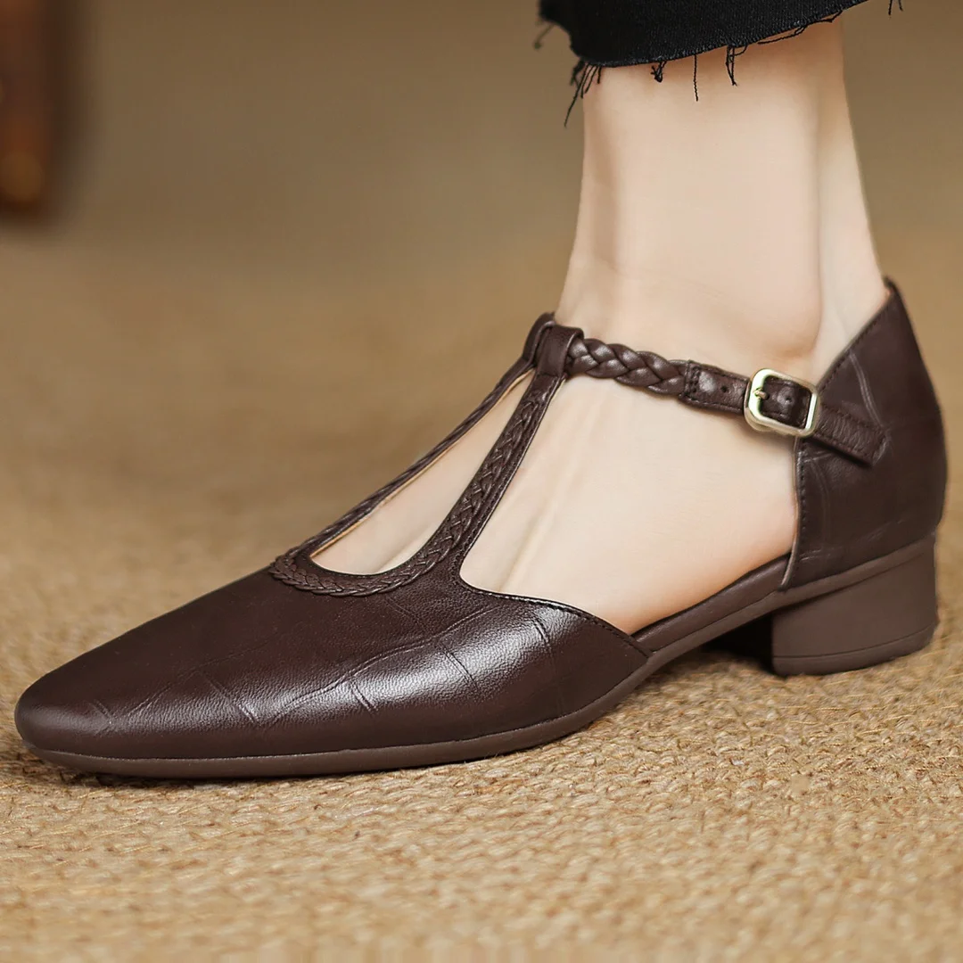 Women's Leather Mary Jane Ballet Flats | T-Strap Buckle, Tapered Toe and Cushioned Flat Sole | Size 5.5-8, Brown or Black