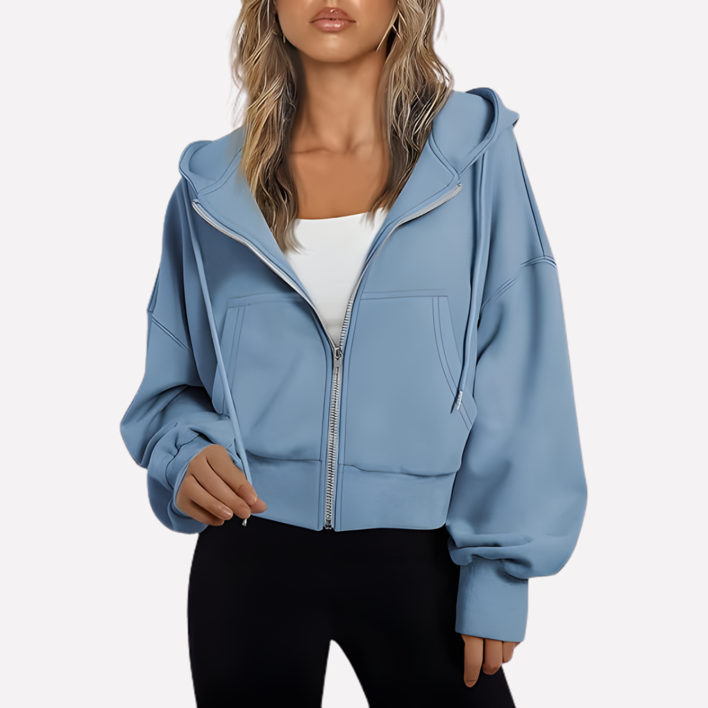 Women's Cropped Zip Up Hoodie with Adjustable Drawstring | Relaxed Sleeves, Printed Accents, Soft Interior | Size S-2XL