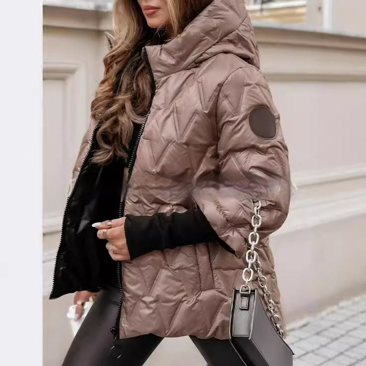 Women's Puffer Jacket with Quilted Panels and Hood | Patchwork | For Winter | Size S-3XL | Brown, Khaki, White, Black