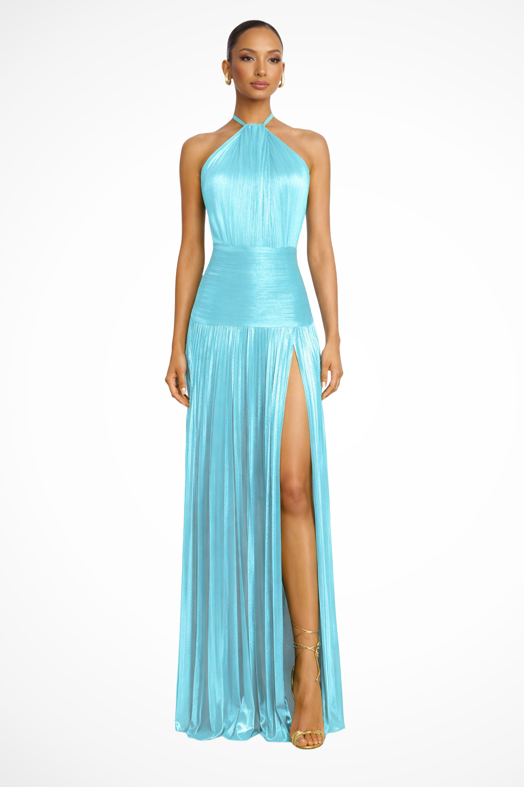Women's Pleated Satin Maxi Dress with Halter Neck | Open Back, High Slit for Ceremonies | Sizes XS to 2XL, 5 Colors