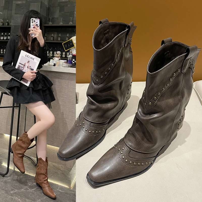 Women's Studded Western Boots with Metal Rivets | Medium Heel Cowgirl Style for Fall Nights | Size 5.5-9.5, 3 Colors