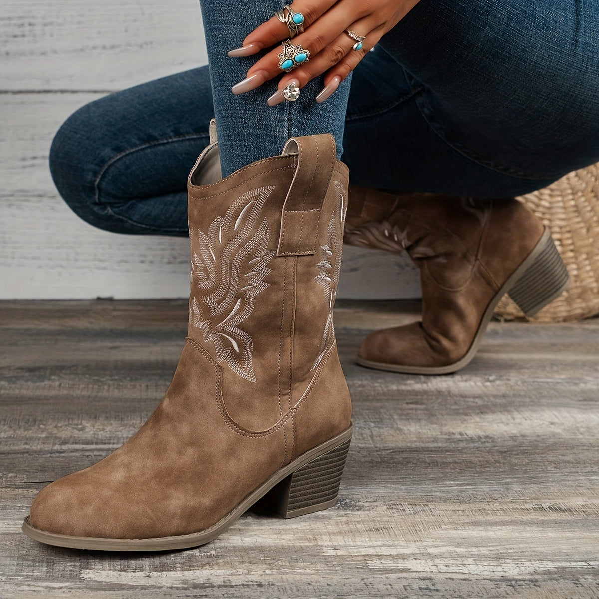 Women's Heeled Boots with Block Heel and Embroidery | Size 5.5-12 | Camel, Black, Beige