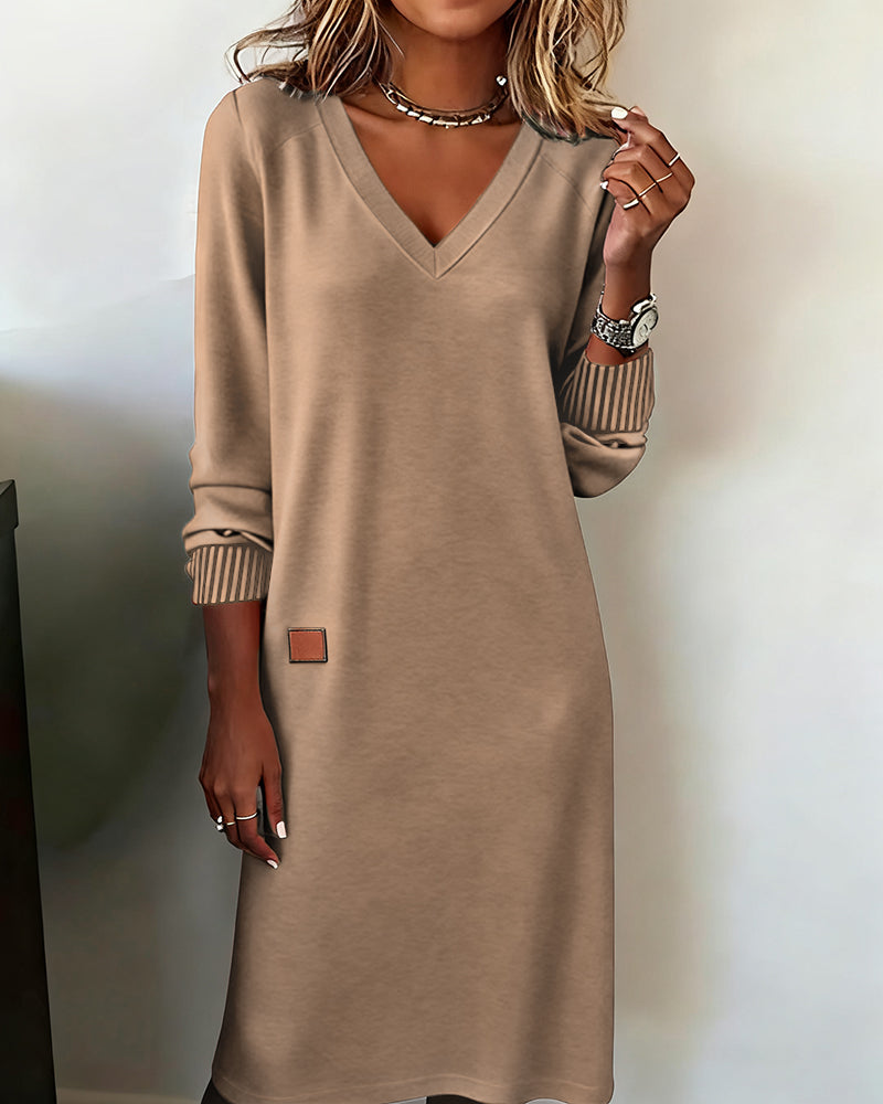Women's Winter Sweater Dress with Deep V Neck | Relaxed Straight Knit, Ribbed Cuffs, Knee Length | Sizes S-3XL, 3 Colors