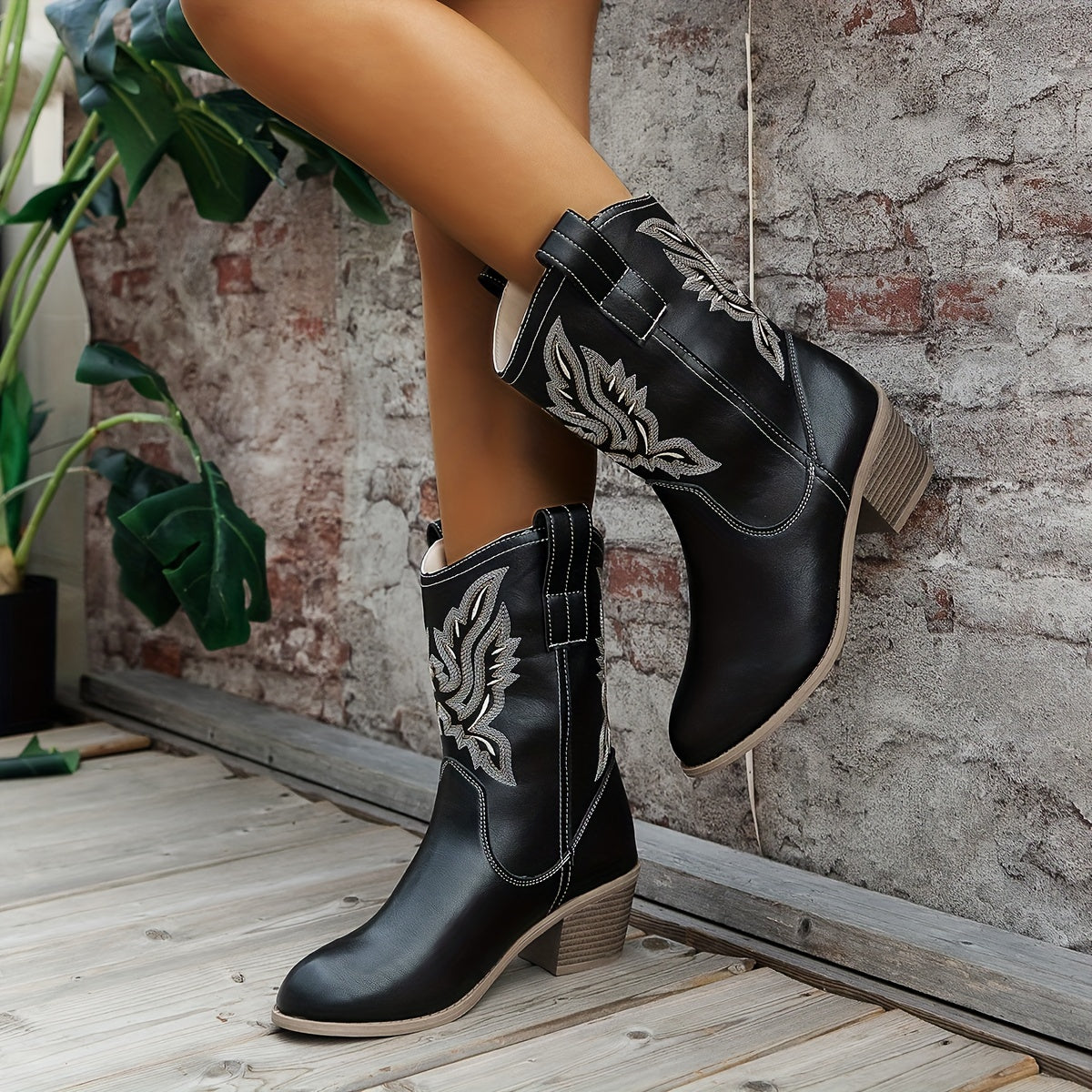 Women's Heeled Boots with Block Heel and Embroidery | Size 5.5-12 | Camel, Black, Beige