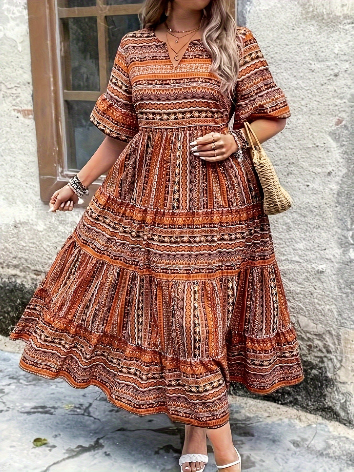 Women's Printed Boho Dress in Plus Sizes | Flowy Draped Line and a Breathable Lightweight Make | Size XL-4XL, 2 Colors