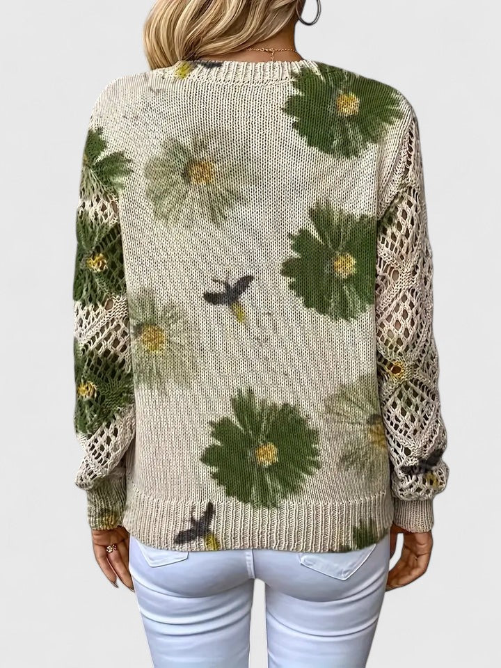 Women's Floral Knit Cardigan with V-Neck and Open Lattice Sleeves | Hip-Length Layering Sweater | Size S-2XL