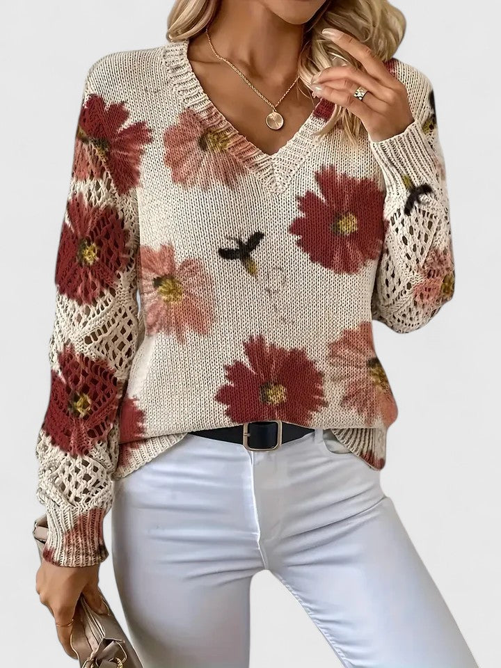 Women's Floral Knit Cardigan with V-Neck and Open Lattice Sleeves | Hip-Length Layering Sweater | Size S-2XL