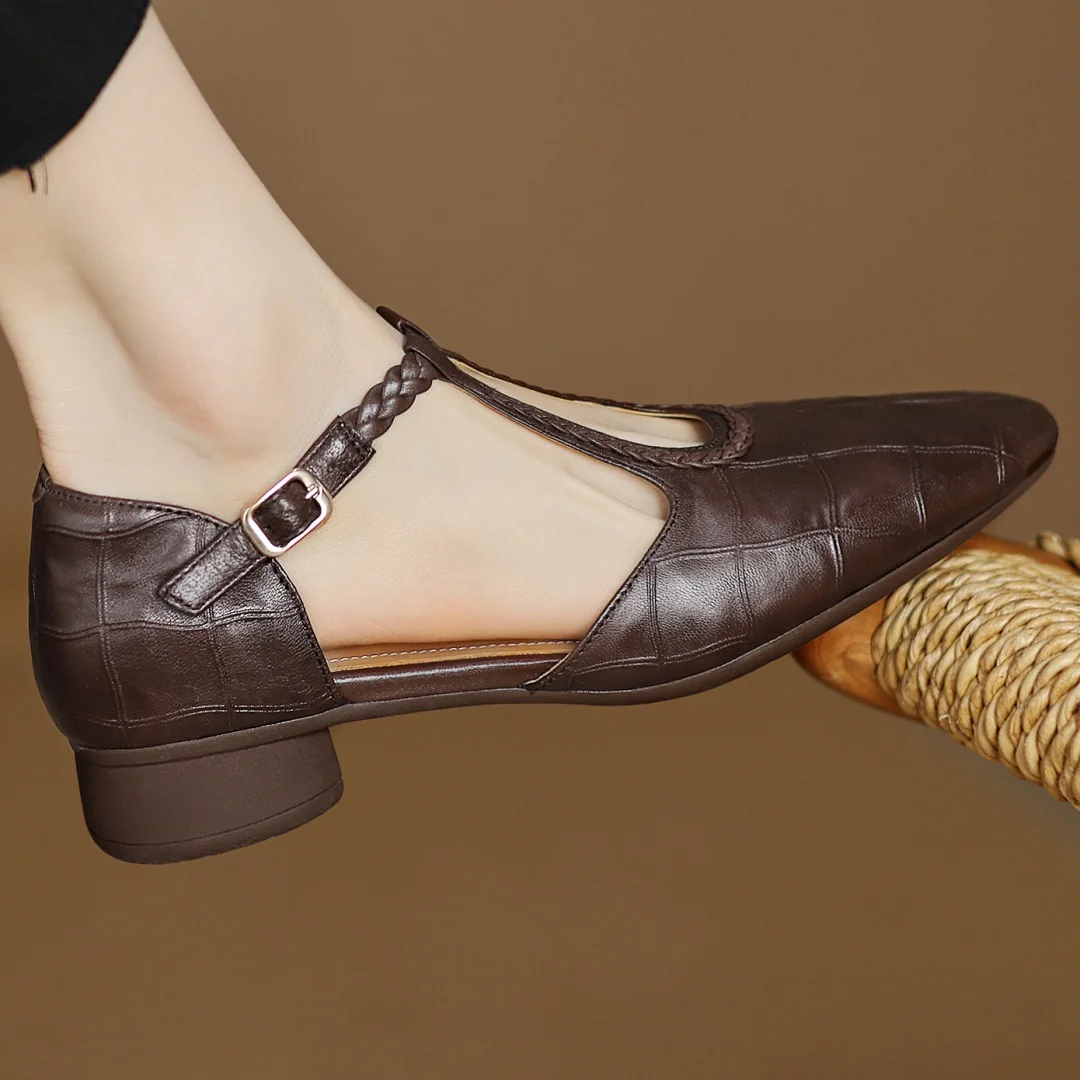Women's Leather Mary Jane Ballet Flats | T-Strap Buckle, Tapered Toe and Cushioned Flat Sole | Size 5.5-8, Brown or Black