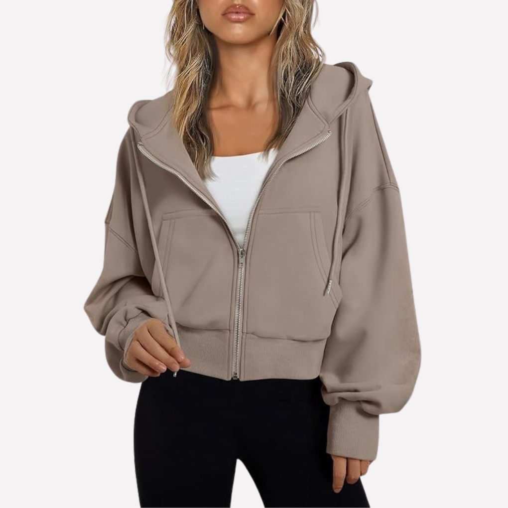 Women's Cropped Zip Up Hoodie with Adjustable Drawstring | Relaxed Sleeves, Printed Accents, Soft Interior | Size S-2XL