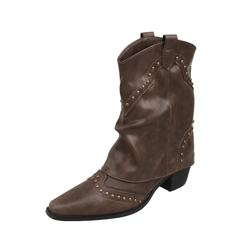 Women's Studded Western Boots with Metal Rivets | Medium Heel Cowgirl Style for Fall Nights | Size 5.5-9.5, 3 Colors