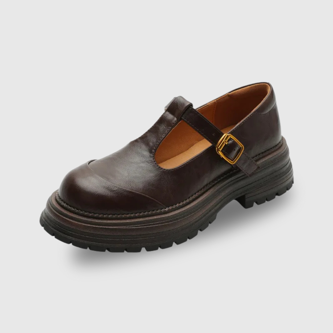 Women's T Strap Ballet Flats with an Adjustable Buckle | Round Toe with Brogue Perforations, Low Heel | Size 5-9.5, 2 Colors