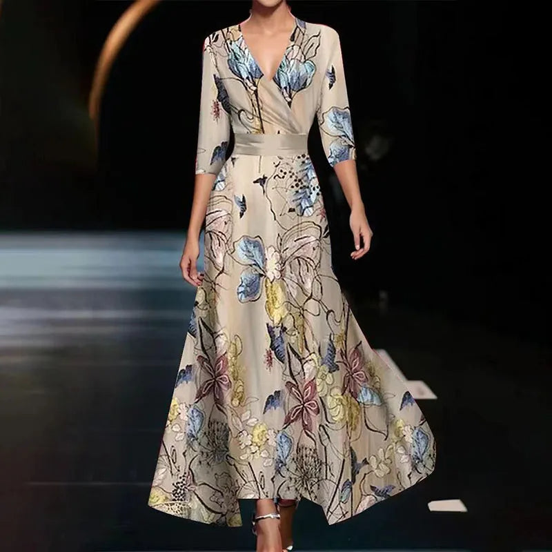 Floral Print A-Line Maxi Dress with V-Neckline