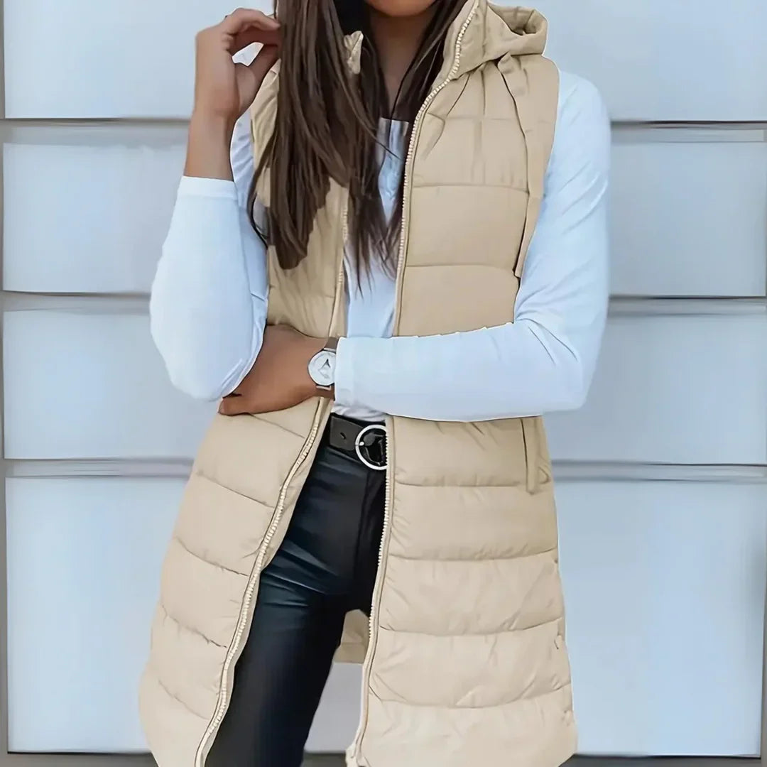 Women's Long Hooded Puffer Vest for Layering | Lightweight Sleeveless Design Weighing 495 g, Easy Care | Size S-5XL