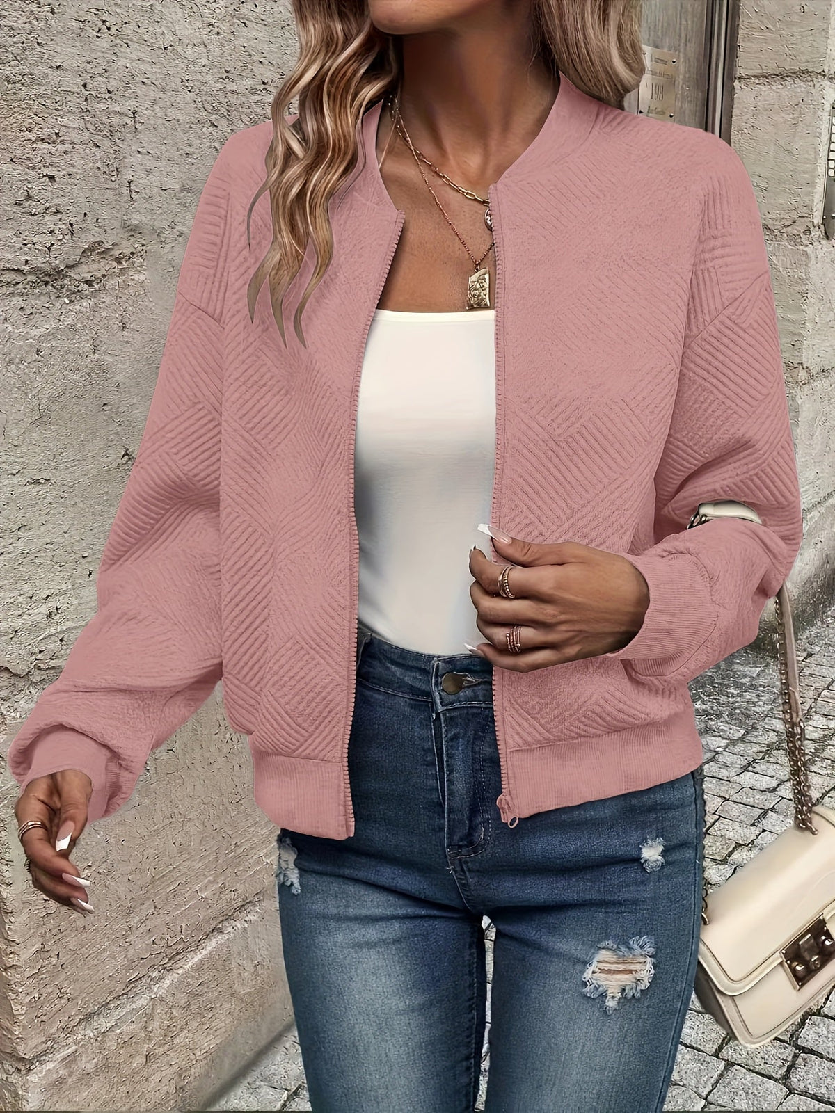 Women's Lightweight Zip-Up Jacket with Stand Collar | Waist Length, Stretch Polyester, Wrinkle Resistant | Size S-2XL
