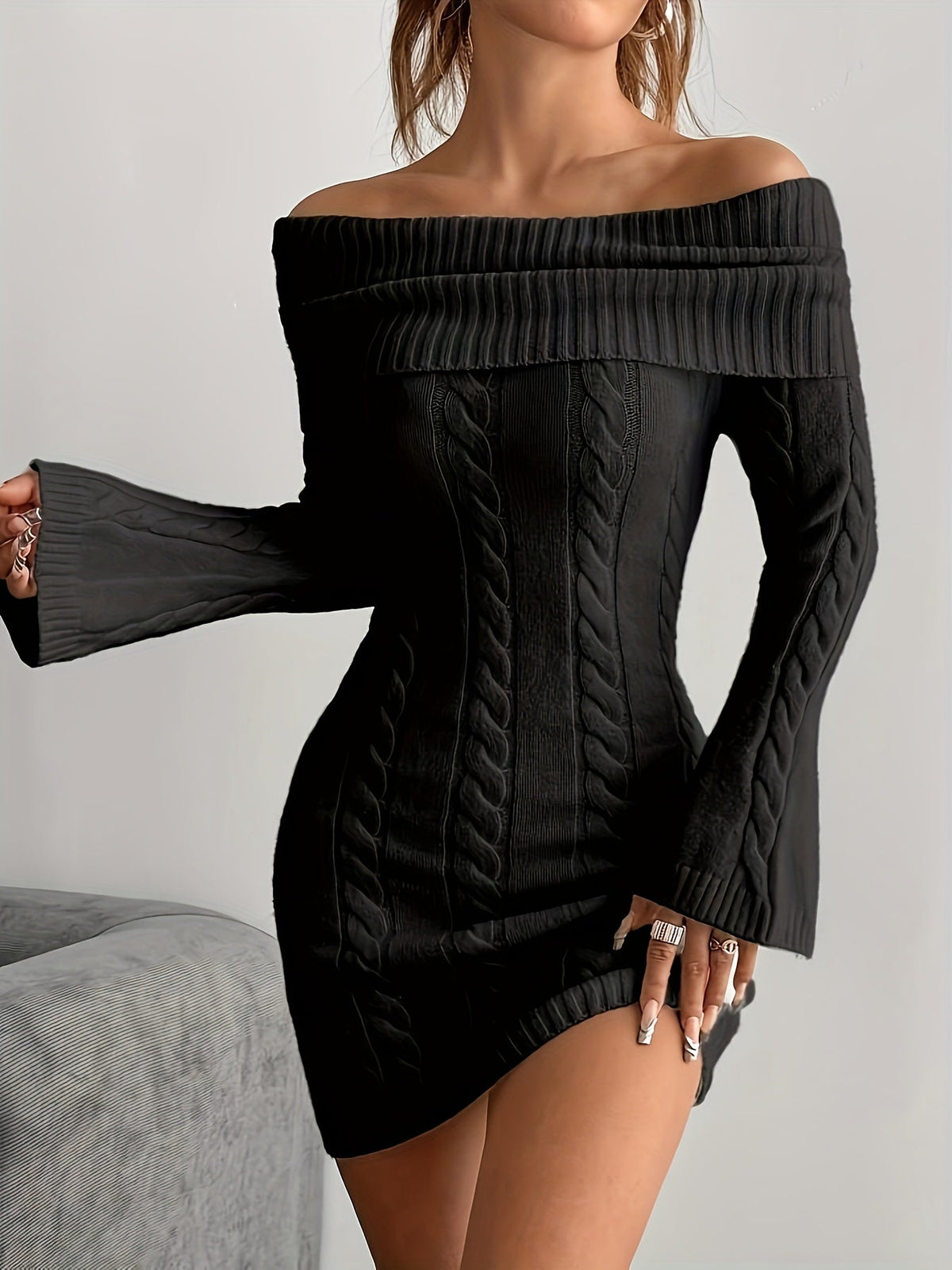 Women's Off Shoulder Knit Dress in Cable Texture | Foldover Collar and Flared Sleeves | Sizes S-2XL, 5 Colors
