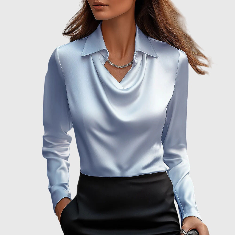 Women's Draped Blouse with Pleated Neckline and Subtle Shine | Flowy Dressy Top, Relaxed Fit | Size XS-3XL