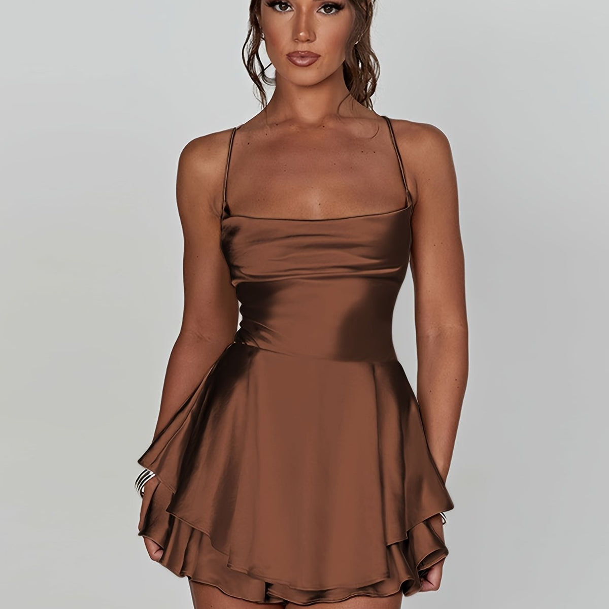 Women's Satin Mini Dress with Ruffled Skirt | Cowl Neckline, Thin Straps, Fitted Bodice | Sizes XS to XL, 10 Colors