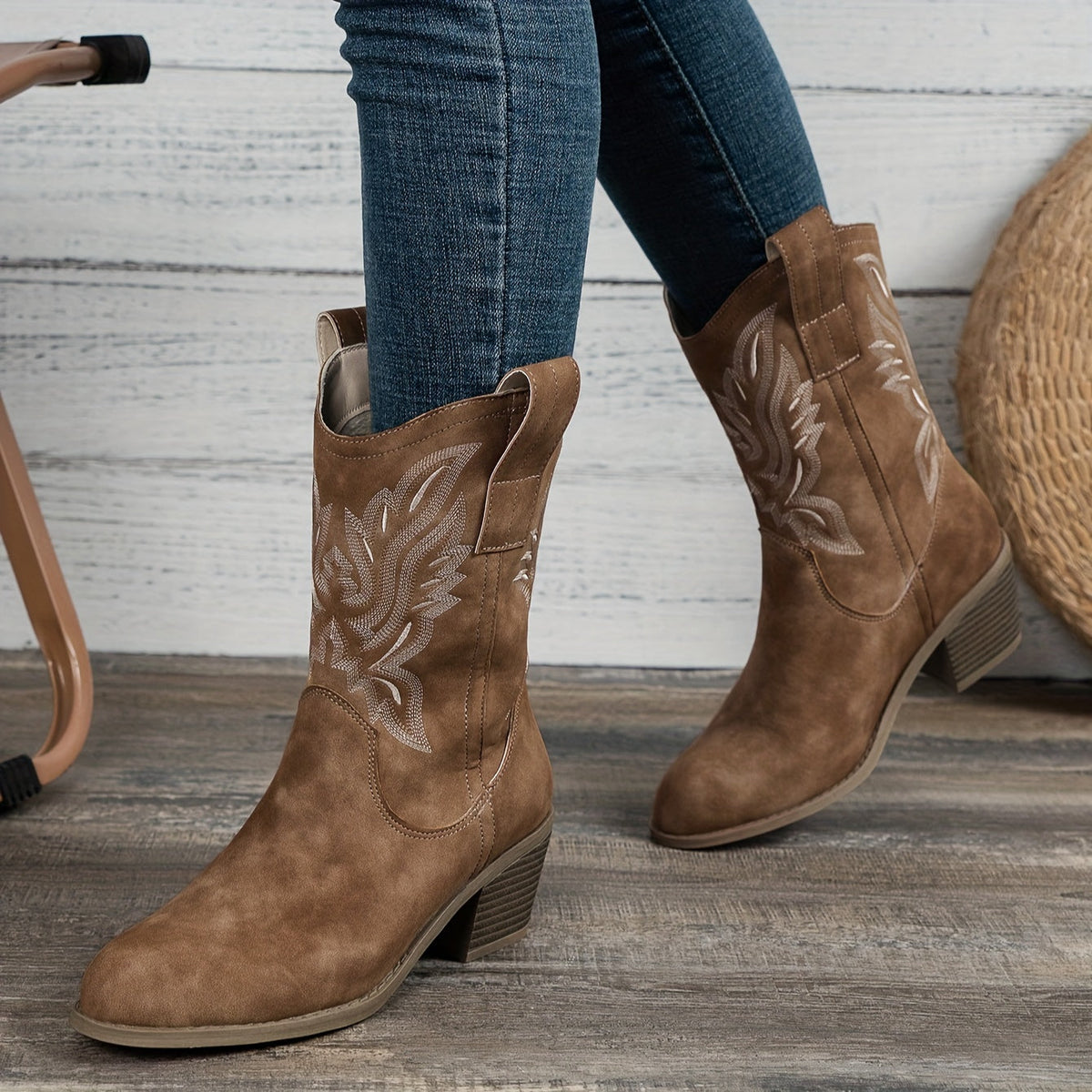 Women's Heeled Boots with Block Heel and Embroidery | Size 5.5-12 | Camel, Black, Beige